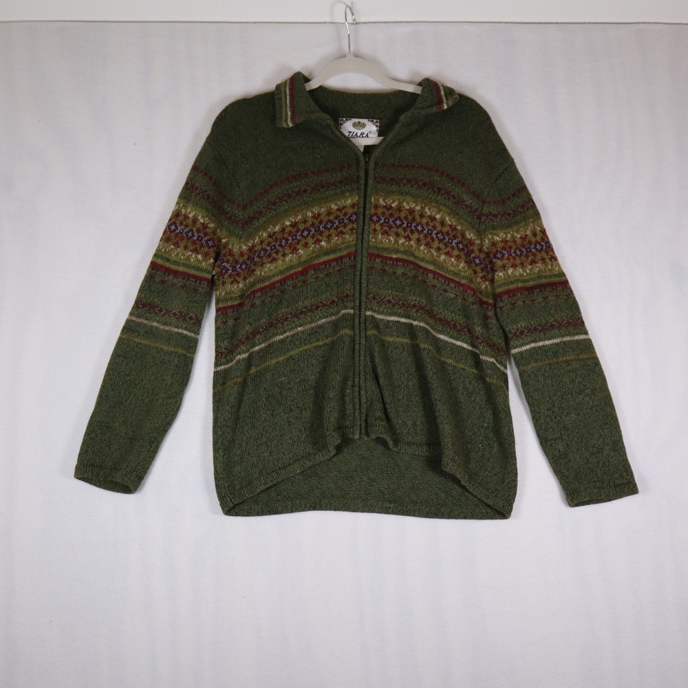Vintage Tiara International Zip Up Sweater Med Green Cottagecore Artsy Granola